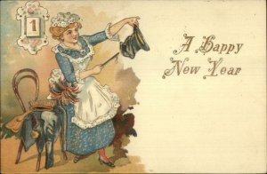 New Year Maid Cleaning Holding Top Hat Gilt Embossed c1905 Postcard