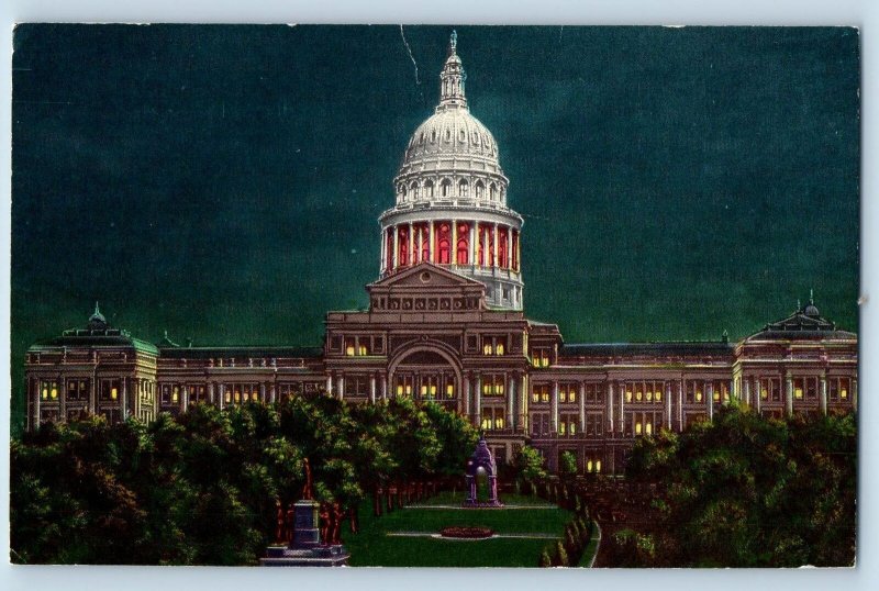 Austin Texas TX Postcard State Capitol At Night Scenic View 1973 Antique Trees