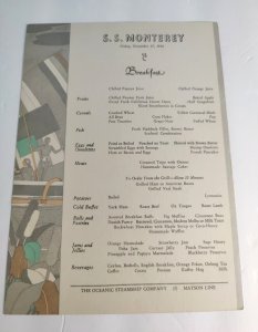 S.S. Monterey Breakfast Menu. Vintage Nov. 27  1936 Oceanic Steamship