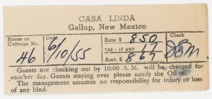 1955 Casa Linda Hotel Gallup, New Mexico Room Slip F208