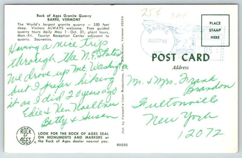 Granite Quarry  Barre  Vermont  Postcard  1968