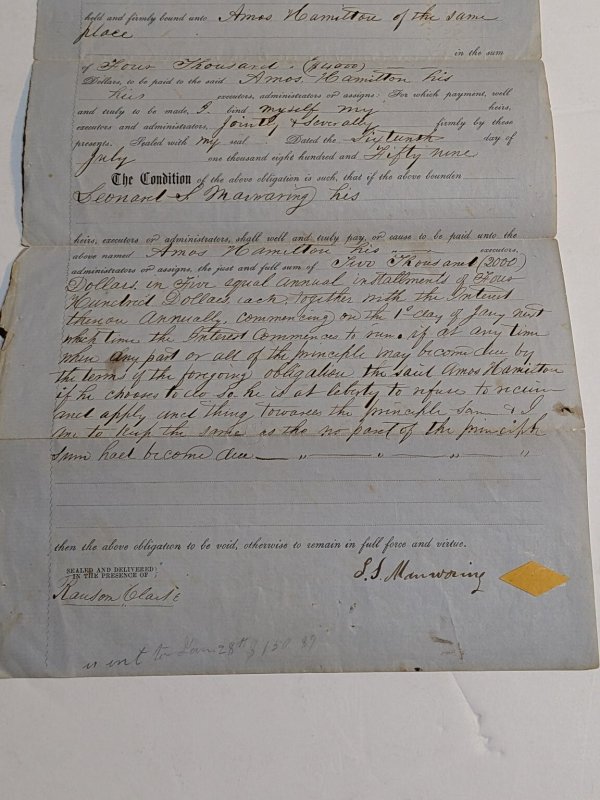 1859 Signed Handwritten Bond Document Guilford NY Financial Agreement