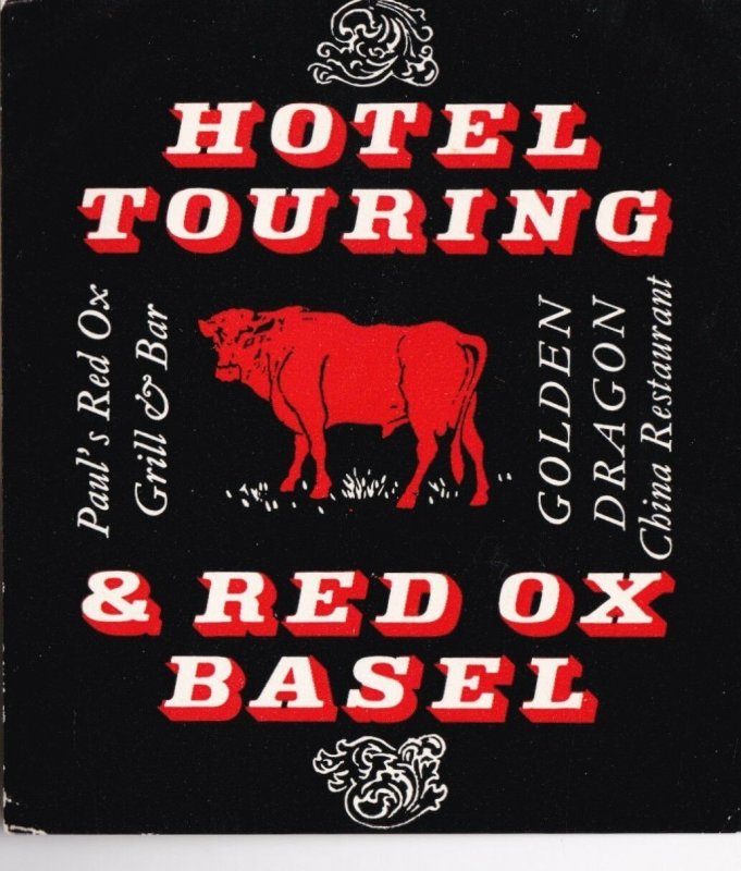 Switzerland Basel Hotel Touring & Red Ox Restaurant Vintage Luggage Label lb0948