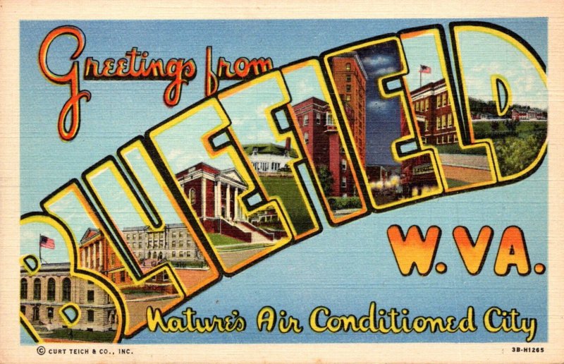 West Virginia Greetings From Bluefield Large Letter Linen Curteich