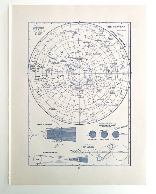 Constellations Southern Hemisphere Chart 1938 Astronomy Print Planets Moon DWU7