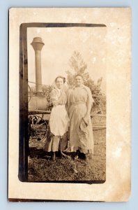 RPPC Farming Scene Women in Front of Steam Tractor 1910s UNP Postcard N7