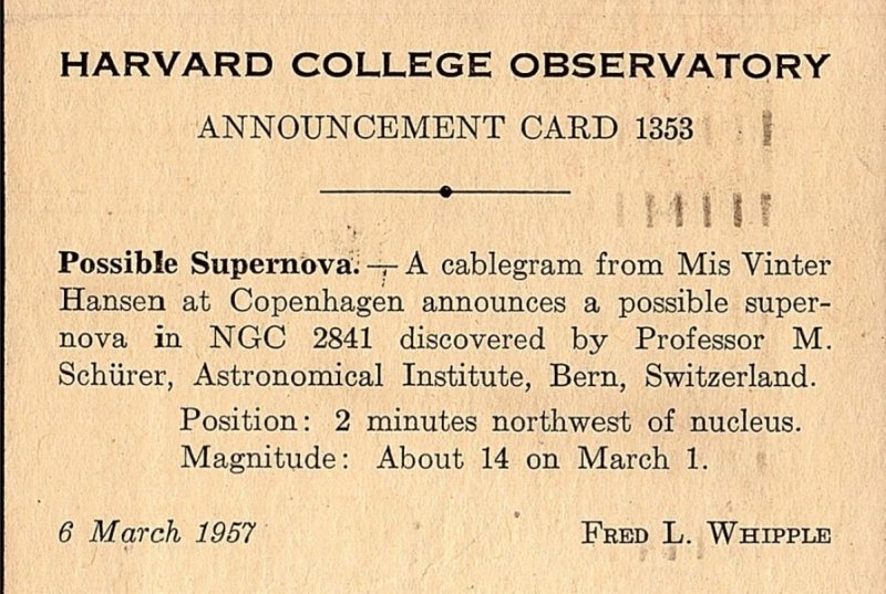 1957 HARVARD COLLEGE OBSERVATORY ANNOUNCEMENT CARD SUPERNOVA POSTCARD 38-97