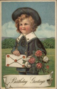 Birthday - Little Boy in Blue Suit & Hat Flowers c1910 Postcard