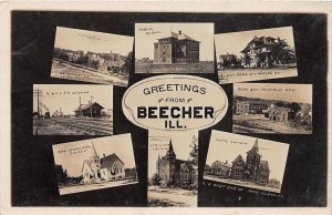 J64/ Beecher Illinois RPPC Postcard c1910 Railroad Depot School Church 335