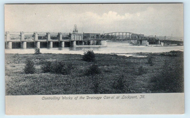 LOCKPORT, IL ~ Controlling Works, DRAINAGE CANAL, BRIDGE c1900s  Postcard