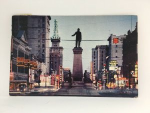 Salt Lake City at Night Postcard Main Street Brigham Young Monument 1960 Utah