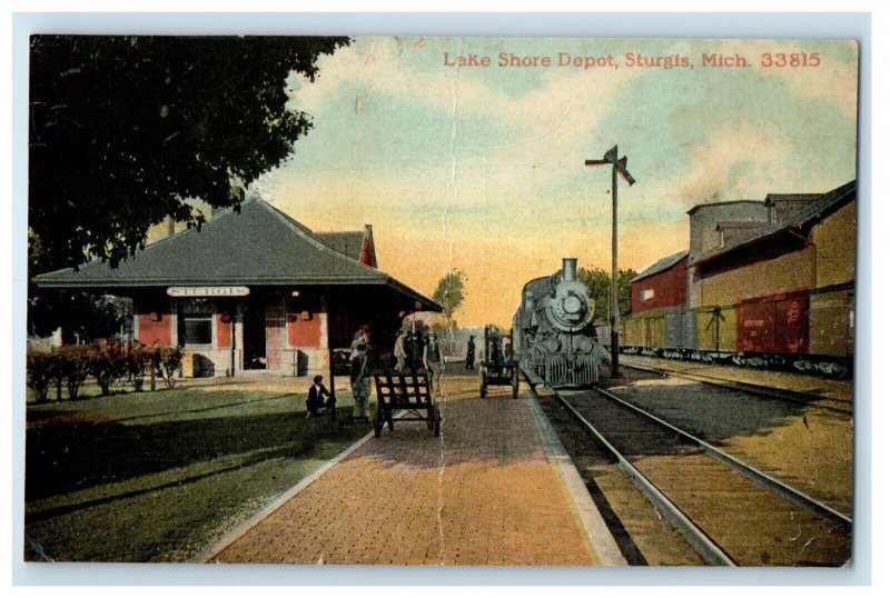 1916 Lake Shore Depot Train Railroad Sturgis Michigan MI Antique Postcard 