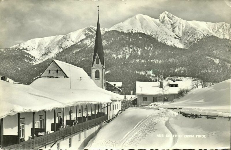 austria, SEEFELD, Tyrol Tirol, Winter Scene with Church (1962) RPPC Postcard