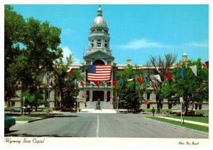 Postcard WY Cheyenne - Wyoming State Capitol with American Flag