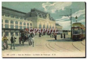 Postcard Old Tram Train Station Lyon Brotteaux station trams Biscuits Olibet