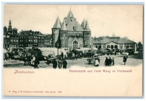 c1905 Nieuwmarkt Old Waag Fish Market Amsterdam Netherlands Postcard