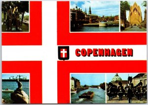 VINTAGE CONTINENTAL SIZE POSTCARD DANISH FLAG & MINI-SCENES OF COPENHAGEN