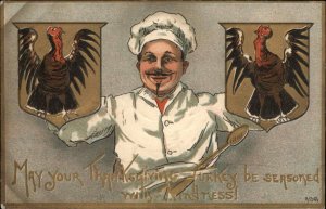 HBG Thanksgiving Chef With Turkey Shields c1910 Vintage Postcard