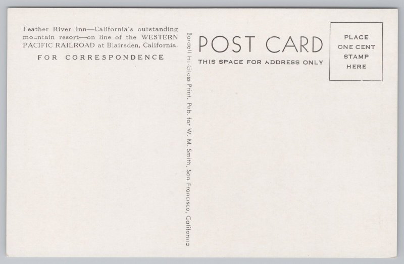 Feather River Inn~Californias Outstanding Mountain Resort~West Pacific RR~Vtg PC 