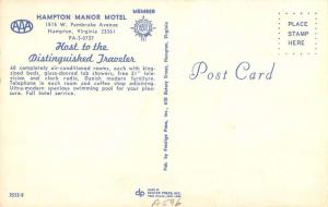 Hampton Virginia Manor Motel Room Interior Vintage Postcard K24866