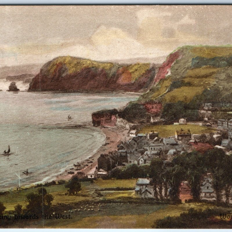 c1910s Sidmouth, England Looking West Red Sandstone Cliffs Beach Town Boats A353