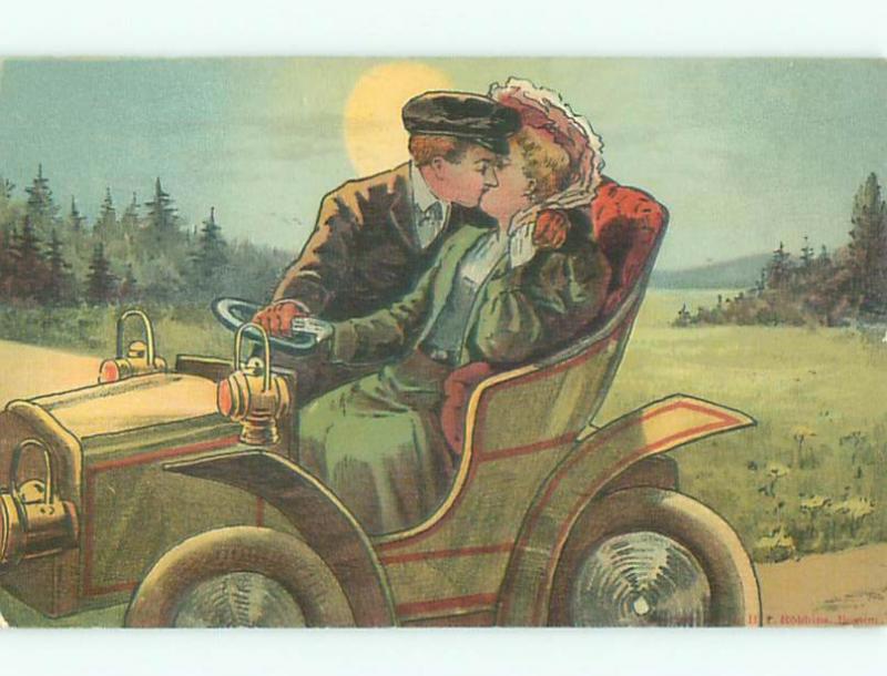 Pre-Linen COUPLE KISSING IN ANTIQUE AUTOMOBILE CAR AB8217