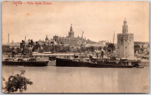 Sevilla - Vista Desde Triana Boats Ships Buildings Castle Seville Spain Postcard