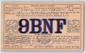 Luverne Minnesota MN Postcard QSL Ham Radio 9BNF Official Relay Station 1929