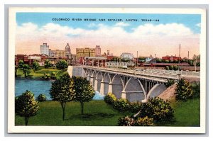 Vintage 1946 Postcard Colorado River Bridge Skyline Daytime Scene Austin Texas