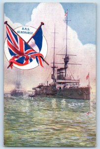 Postcard H.M.S Albemarle British Flag Big Ship Sailing c1910 Antique Unposted