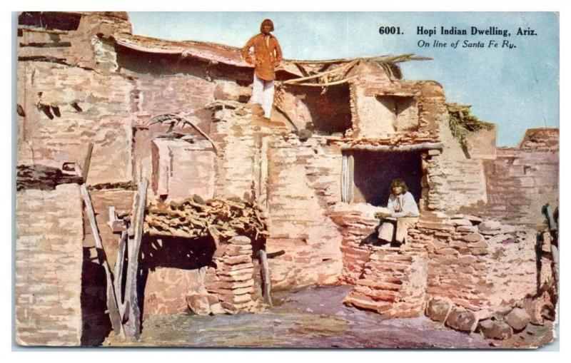 1915 Hopi Indian Dwelling, AZ on the Santa Fe Railway Postcard