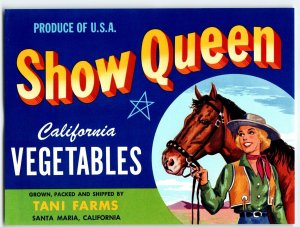 Show Queen Vegetables Label Blonde Cowgirl Horse Vintage 1950s Original