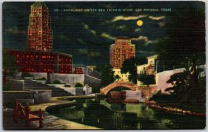 1946 Moonlight On The San Antonio River Texas Buildings & Park Posted Postcard