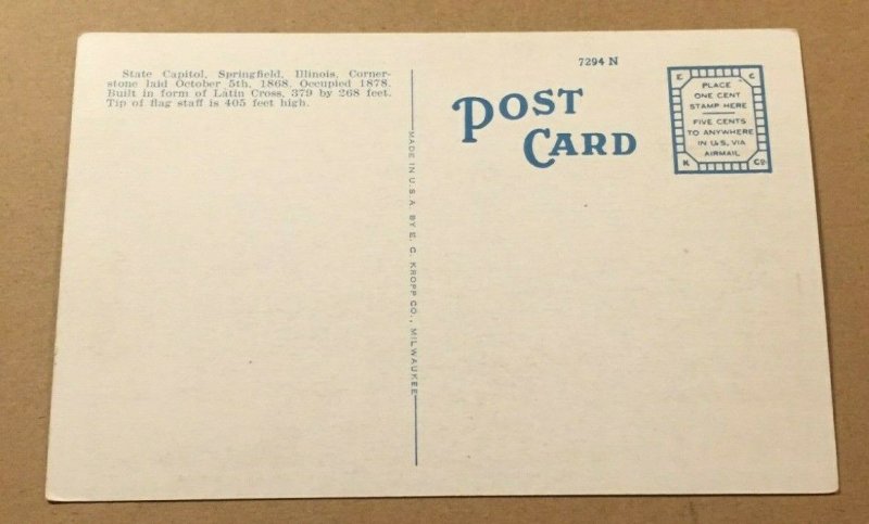 VINTAGE PENNY POSTCARD UNUSED OVERLOOKING CAPITOL GROUNDS, SPRINGFIELD,  ILL
