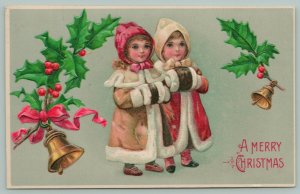Christmas~Two Lil Girls In Long Fur Trimmed Winter Coats~Muffs~Holly~B W 296