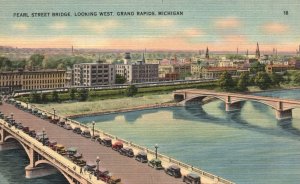 Vintage Postcard 1930's Pearl Street Bridge Looking West Grand Rapids Michigan