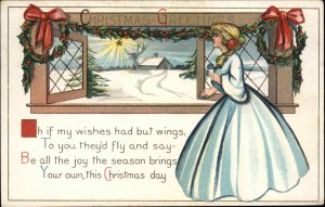 Christmas Pretty Young Woman in Blue Gown c1910 Vintage Postcard