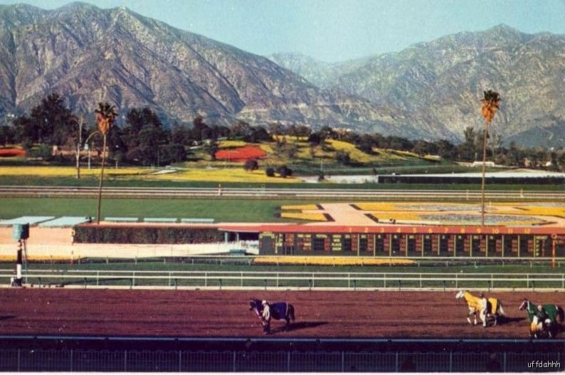 SANTA ANITA HORSE RACE TRACK SCENE SAN GABRIEL MTS. IN BACKGROUNS ARCADIA, CA