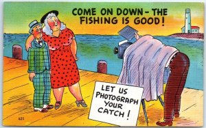 Postcard - Come On Down-The Fishing Is Good! - Comic Art Print