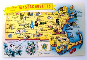 Greetings From Massachusetts Map Chrome Postcard Lobster Fishing Boats Bird Flag
