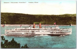 VINTAGE POSTCARD STEAMER ALEXANDER HAMILTON ON THE HUDSON RIVER HAND-COLORED