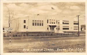 Boone Iowa~New Lincoln School~School Crossing Stop Sign in Street~1944 RPPC