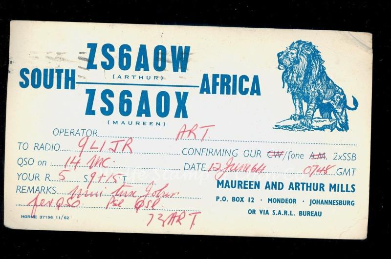 1964 QSL Card  Ham Radio Station ZS6AOW South Afirca to Sierra Leone B1519