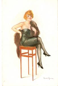 \Glamour Lady sitting on Stool\ Beautiful Postcard, signed