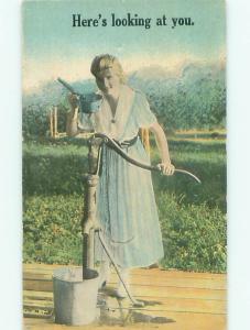 Pre-Linen Slight Risque Interest PRETTY GIRL USING ANTIQUE WATER PUMP AB7570