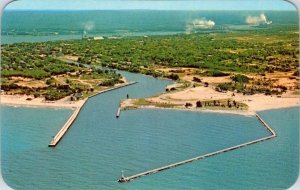 Manistee, MI Michigan  HARBOR & CHANNEL Bird's Eye View ca1960's Chrome Postcard