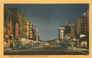 Nevada Reno Center Street Golden Hotel Night Marquee Teich Postcard 22-9458