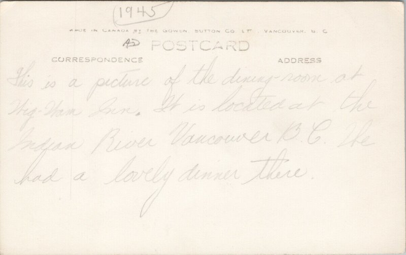 Dining Room Wigwam Inn Vancouver BC Indian River Park Dominion RPPC Postcard G40