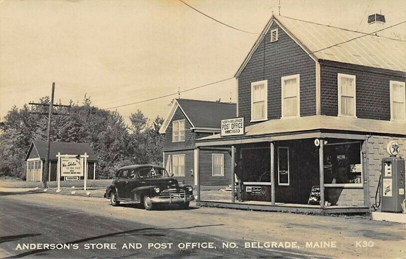 North Belgrade ME Store & Post Office Texaco Gas Pump Mr Lobster Sign RPPC