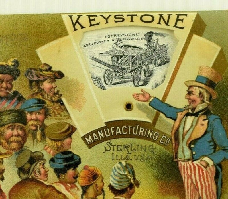 1880's-90's Mechanical Keystone Mfg. Card Agricultural Implements Uncle Sam 7J